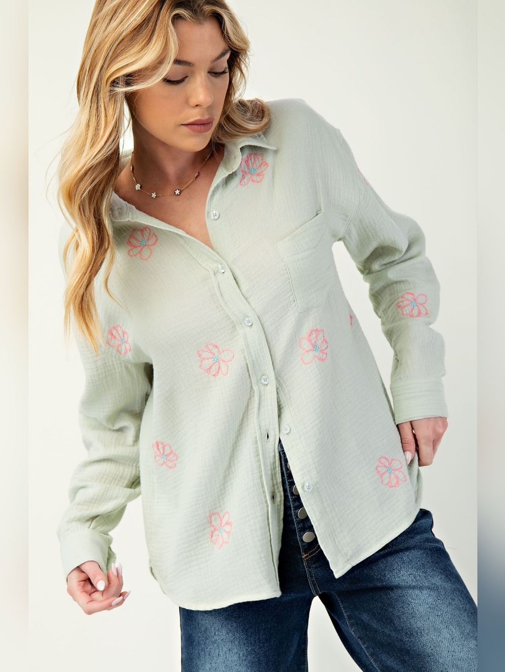 P3-0604 EASEL Cotton Light Green Floral Embroidered Button-Up Shirt